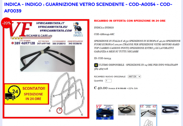 INDICA - INDIGO : GUARNIZIONE VETRO SCENDENTE - COD-A0054 - COD-AF0039
