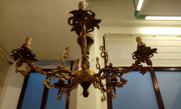 Lampadario 5 Luci bracci in Ottone e legno - Foto 2