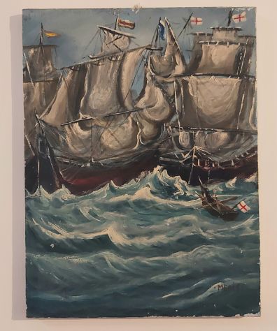 SPLENDIDO QUADRO AD OLIO "CARAVELLE NELLA TEMPESTA" PITTORE MEDIS 40X30CM.
