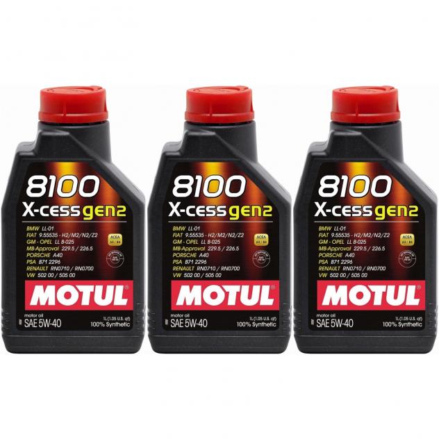 Massimizza le prestazioni del tuo veicolo con il set da 3 MOTUL 8100 X-CESS GEN2 5W-40. Olio sintetico ad alte prestazioni per motori benzina e diesel