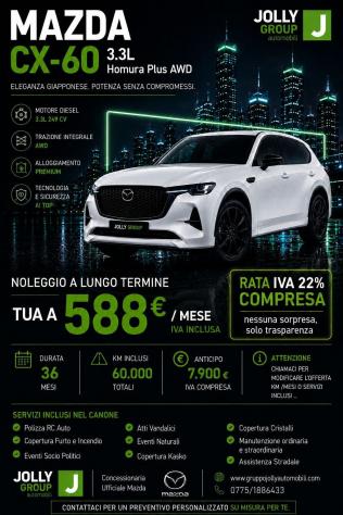 Mazda CX-60 3.3L e-SKYACTIV MHEV Homura Plus Auto Offerta Noleggio a lungo termine