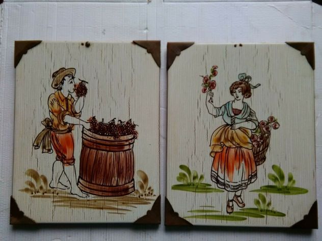 Vecchia coppia di mattonelle decorate epoca anni 50 da parete