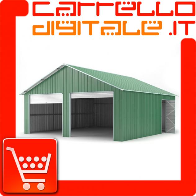 Box prefabbricato, casetta da giardino in lamiera zincata. Capanno ricovero attrezzi o deposito/garage auto in Acciaio 6.64 x 7.21 m x h3.72 m - Peso