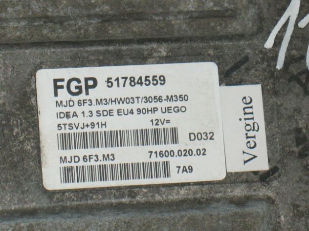 51784559 ECU CENTRALINA FIAT IDEA 1.3 90HP MJD 6F3.M3 51784559 HW03T - Foto 2