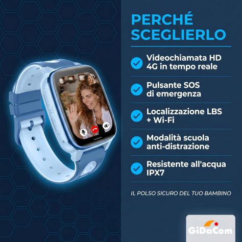 Smartwatch bambini 4G SIM SOS videochiamata GPS LBS WiFi scuola AZZURRO - Foto 6