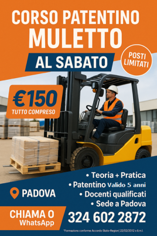 Corso Patentino Muletto a Padova a 150 Euro al Sabato