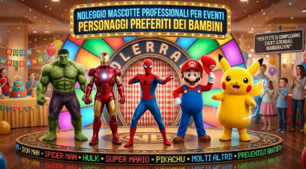 Noleggio Mascotte Costumi Iron Man Spider Man Hulk Super mario Pikachu