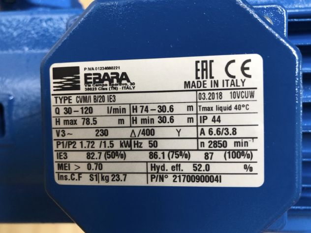 CENTRIFUGHE MULTISTADIO VERTICALI CVM/I B/20 IE3 EBARA V400 KW1.5 Hz50 - Foto 5