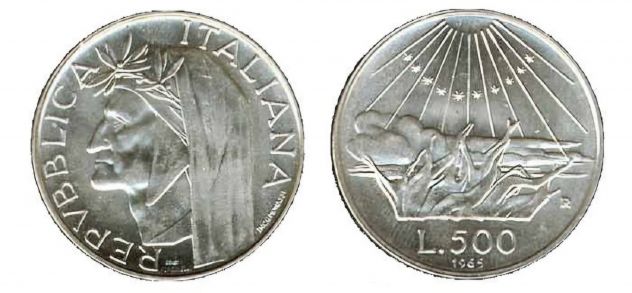 MONETA 500 LIRE ARGENTO - DANTE ALIGHIERIn