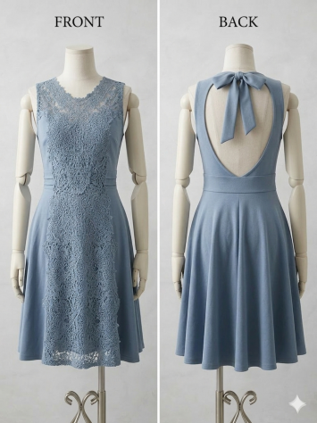 Abito elegante azzurro polvere con inserto in pizzo e scollatura sul retro