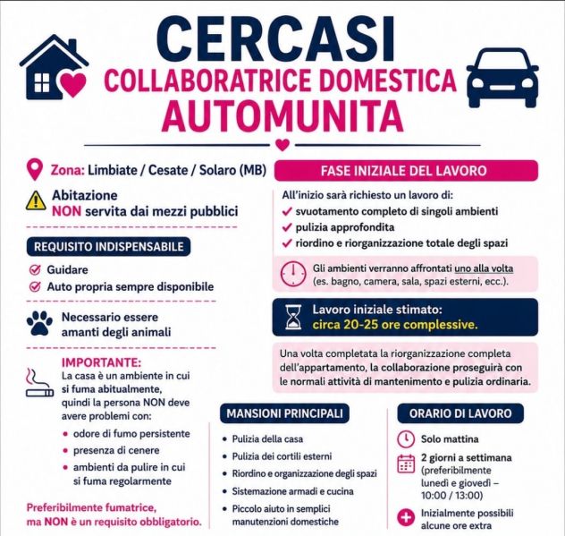 CERCASI COLLABORATRICE DOMESTICA AUTOMUNITA – Limbiate / Cesate / Solaro