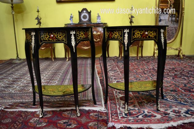 Coppia di tavolini – console ebanizzati mezzo giro stile Luigi XV - Foto 4