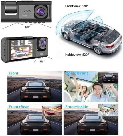 Dash Cam 3 canali Full HD 1080P anteriore posteriore abitacolo LCD 3" G-Sensor - Foto 4