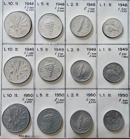 Lire Italiane monete da 1-2-5-10 coniate 1948-1949-1950
