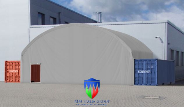 Coperture su container cantieri edili 12 x 6 x 7,10 con chiusure ambo i timpani