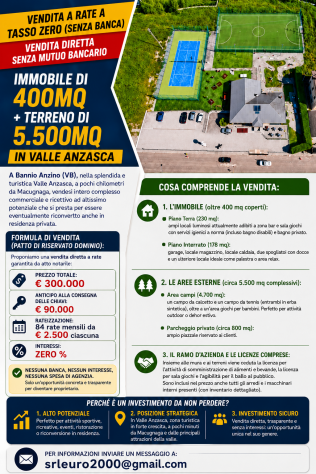 Ampio immobile con 4.700 mq di parco e impianti sportivi a Bannio Anzino (VB)
