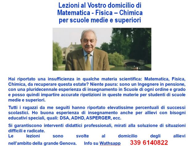 Ripetizioni al Vostro domicilio di Matematica, Chimica, Fisica