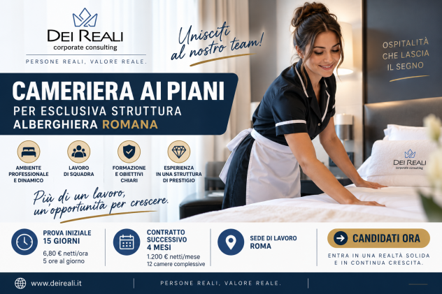 CAMERIERA AI PIANI PER ESCLUSIVA STRUTTURA ALBERGHIERA ROMANA