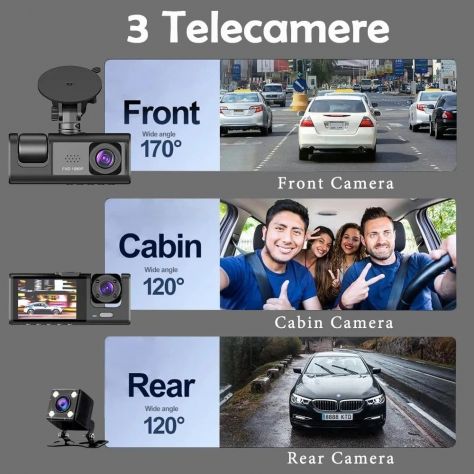Dash Cam 3 canali Full HD 1080P anteriore posteriore abitacolo LCD 3" G-Sensor - Foto 6