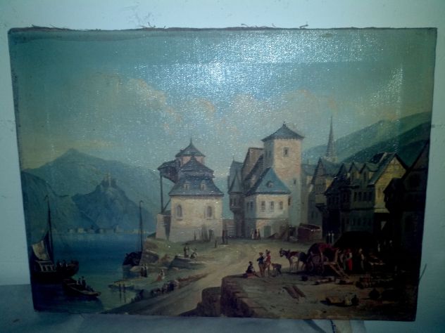 Antico quadro Veduta di St Goar sul Reno leggenda Ondina Lorelei - Foto 3