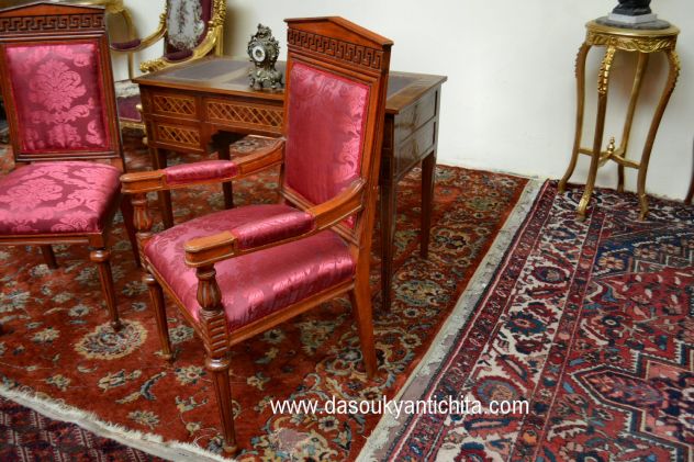 Set poltrona e sedia stile Luigi XVI con cimasa a tempio - Foto 4