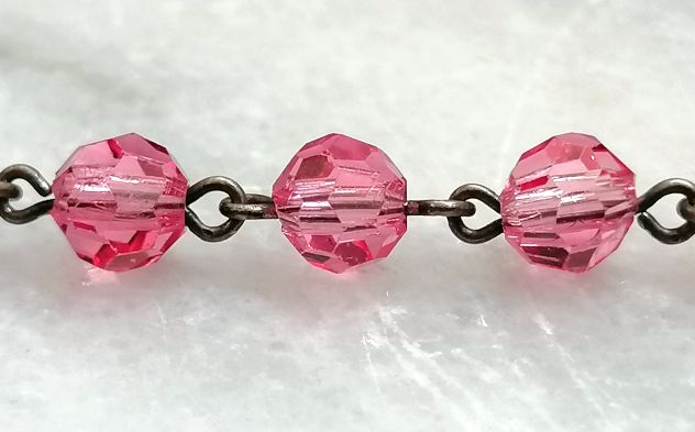ANTICO BELLISSIMO ROSARIO IN CRISTALLO ROSA SFACCETTATO E ARGENTO, 1920 CIRCA. - Foto 8