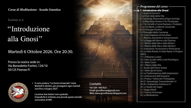 CORSO DI MEDITAZIONE: 'LA GNOSI UNIVERSALE' Inizio martedì 6 ottobre