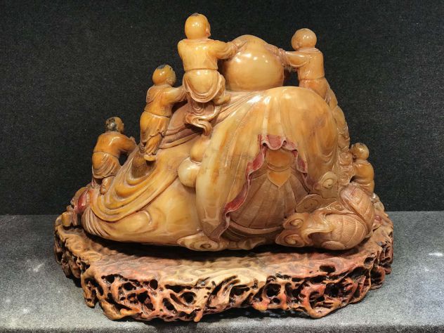 Antica statua cinese Shoushan scolpita in pietra del Buddha Maitreya - Foto 2