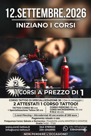 12.SETTEMBRE.2026 INIZIANO I CORSI di Tatuaggi Piercing