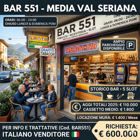 Bar tabacchi con 5 slot e ampio parcheggio - rif. BAR551