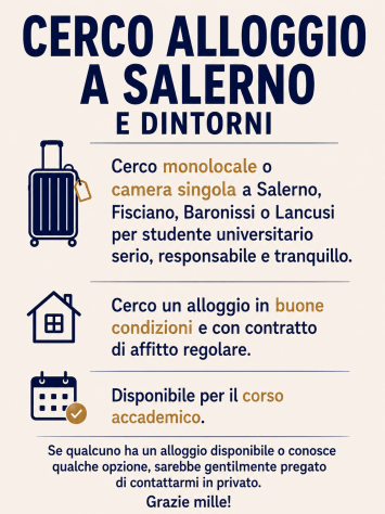 Studente Erasmus cerca monolocale o camera singola – Fisciano / dintorni