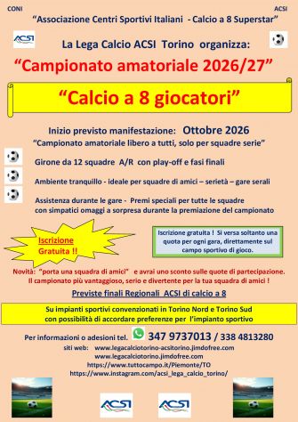 16/10 :Campionato calcio a 8 amatoriale da Ottobre 2026 in Torino