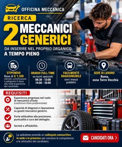 Cercasi Meccanico Generico d'Auto (2 Posizioni) – Zona Torre Vecchia (Roma)