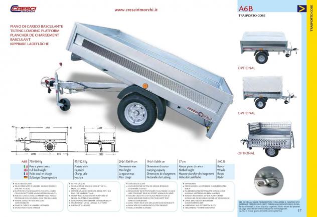 Rimorchio Cresci A6B 750 Kg Dim.194x141x36h Cm.