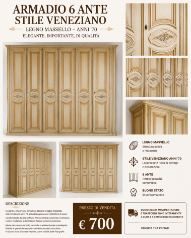 ARMADIO 6 ANTE STILE VENEZIANO, ANNI 70', LEGNO MASSELLO
