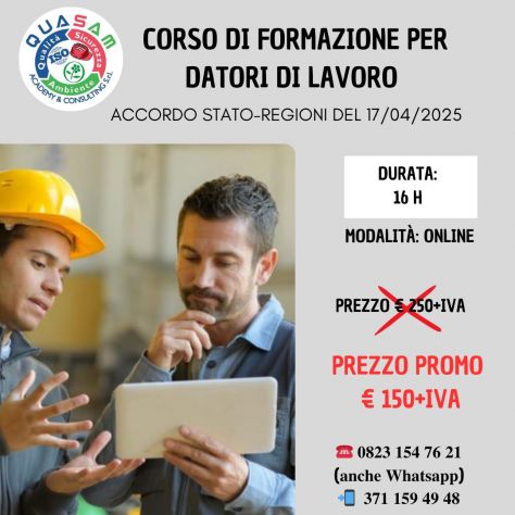 Corso Datore di lavoro (16 ore ONLINE) Accordo Stato-Regioni del 17.04.2025