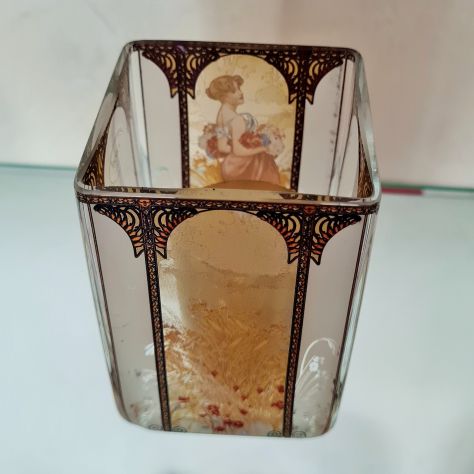 Portacandele  vintage Alphonse  Mucha   ,in vetro Goebel , dipinto a mano, - Foto 2