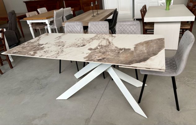 NUOVO TAVOLO 160x90 ALL. 240x90 PIANO VETRO CERAMICA GAMBE FERRO BIANCO - Foto 10