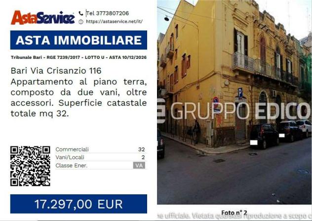 Tribunale Bari - RGE 7239/2017 - LOTTO U - Tribunale Bari - RGE 7239/2017 - LOTTO U - ASTA 10/12/2026