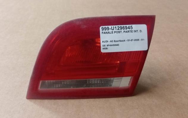 FANALE POST. PARTE INT. D. 999-U1296945 Parti elettriche Fanaleria Fanali Fanale post. dx. AUDI - A3 Sportback - 01-07-2008 - 01-12-2012, AUDI - S3
