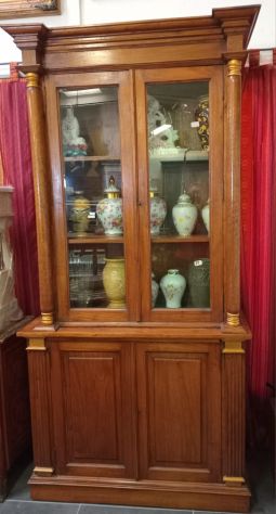 CREDENZA LIBRERIA DOPPIO CORPO DI ANTIQUARIATO FRANCESE IN STILE IMPERO DI NOCE