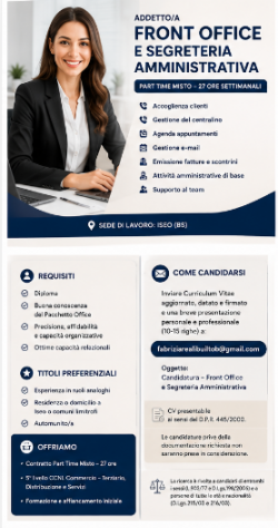 # ADDETTO/A FRONT OFFICE E SEGRETERIA AMMINISTRATIVA