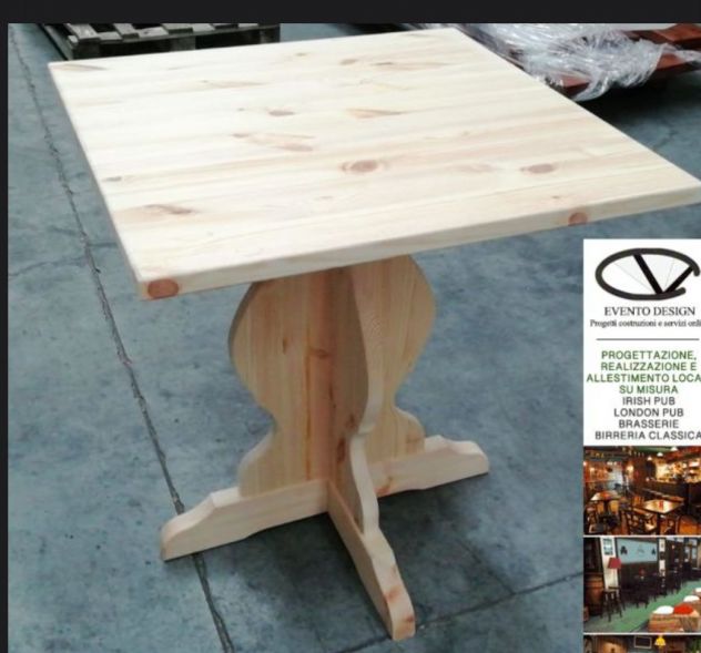 Tavolo legno per pizzeria  pub in pino grezzo  80x80x3
