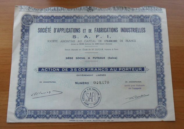 SOCIETE D'APPLICATIONS ET DE FABRICATIONS INDUSTRIELLES - S.A.F.I. ACTION DE 350