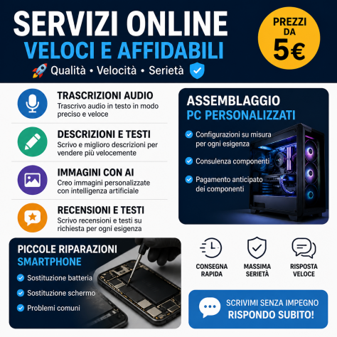 Trascrizioni, descrizioni annunci, immagini AI, assemblaggio pc