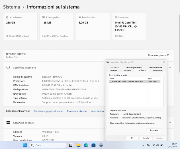 Surface Pro 7 + tastiera. 12,3" 2k Ram 8GB i5 10° SSD Win11 - Foto 5