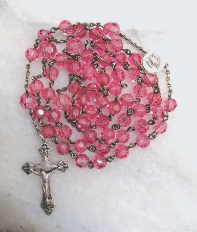 ANTICO BELLISSIMO ROSARIO IN CRISTALLO ROSA SFACCETTATO E ARGENTO, 1920 CIRCA. - Foto 7