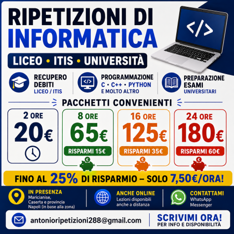Ripetizioni Informatica e Programmazione – Liceo, ITIS e Università – Caserta/On