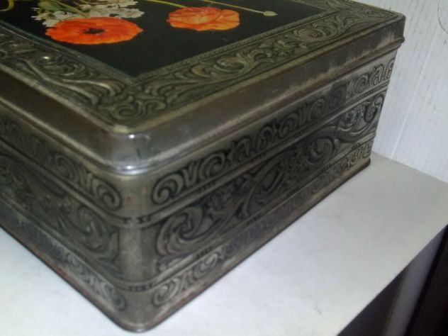 grande scatola in latta vintage con disegni floreali sul coperchio - Foto 6