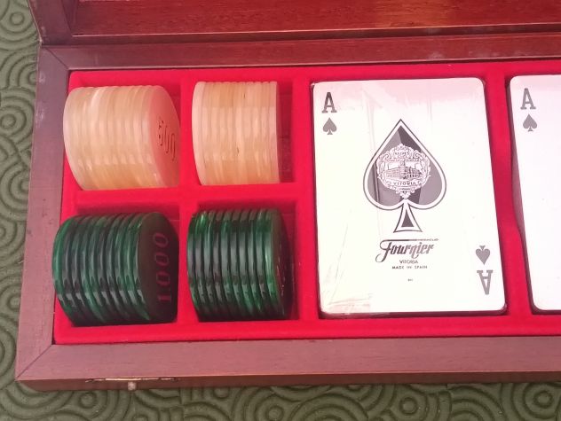 Set poker/bridge scatola vintage in legno con carte nuove e fiches - Foto 3